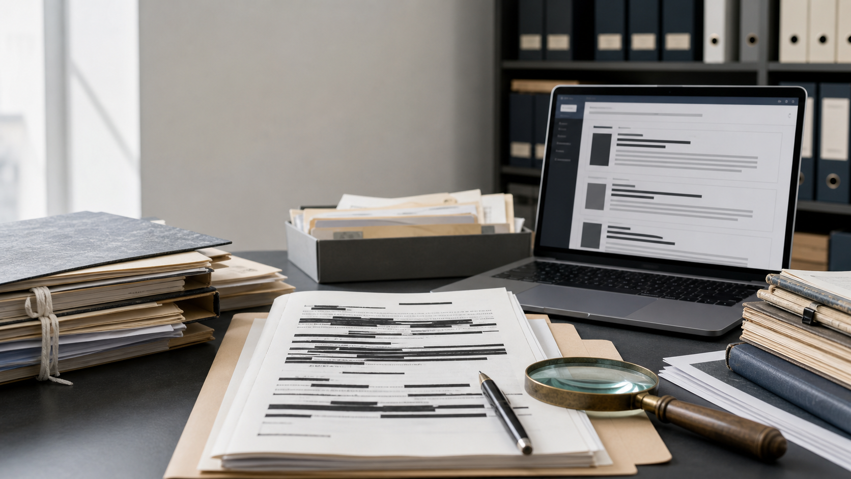 A research desk with redacted public records and archive materials.